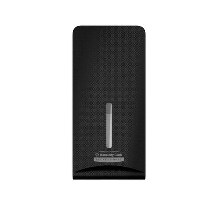 Η Kimberly-Clark Professional™ Icon™ Dispenser Faceplate - FTT (27,80 x 13,10 x 1,40 cm) της Kimberly-Clark GmbH χαρακτηρίζεται από ένα δομημένο μαύρο σχέδιο με ένα κάθετο παράθυρο, ιδανικό για σύγχρονες τουαλέτες, απομονωμένο σε λευκό.