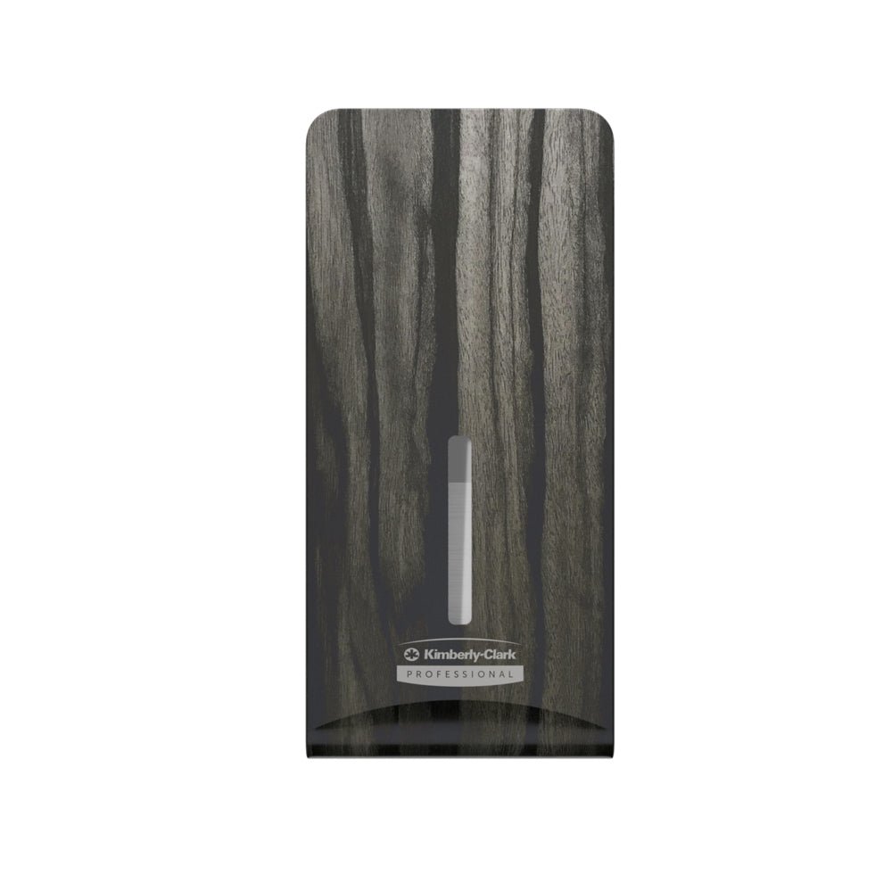 Η Kimberly-Clark GmbH Professional™ Icon™ Dispenser Faceplate - FTT (27,80 x 13,10 x 1,40 cm) χαρακτηρίζεται από ένα σκοτεινό σχέδιο ξύλινων νερών με ένα κάθετο παράθυρο, που είναι ιδανικό για σύγχρονες τουαλέτες και απεικονίζεται σε λευκό φόντο.