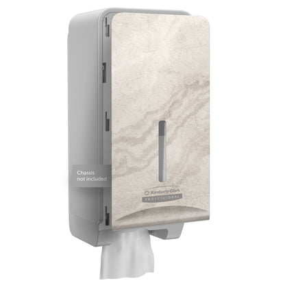Η Kimberly-Clark Professional™ Icon™ Dispenser Faceplate - FTT της Kimberly-Clark GmbH έχει μπεζ μαρμάρινη πρόσοψη, ένα κάθετο παράθυρο και μια ετικέτα με την επιγραφή "Chassis nicht enthalten" - ιδανικό για σύγχρονο σχέδιο τουαλέτας. Μέγεθος: 27,80 x 13,10 x 1,40 cm.
