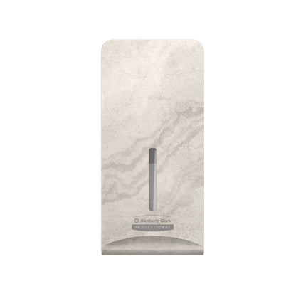 Η Kimberly-Clark Professional™ Icon™ Dispenser Faceplate - FTT (27,80 x 13,10 x 1,40 cm) της Kimberly-Clark GmbH έχει μοτίβο ανοιχτού γκρι μαρμάρου και ένα κάθετο παράθυρο, ιδανικό για σύγχρονες τουαλέτες και συμβατό με πολλές μονάδες διανομής.