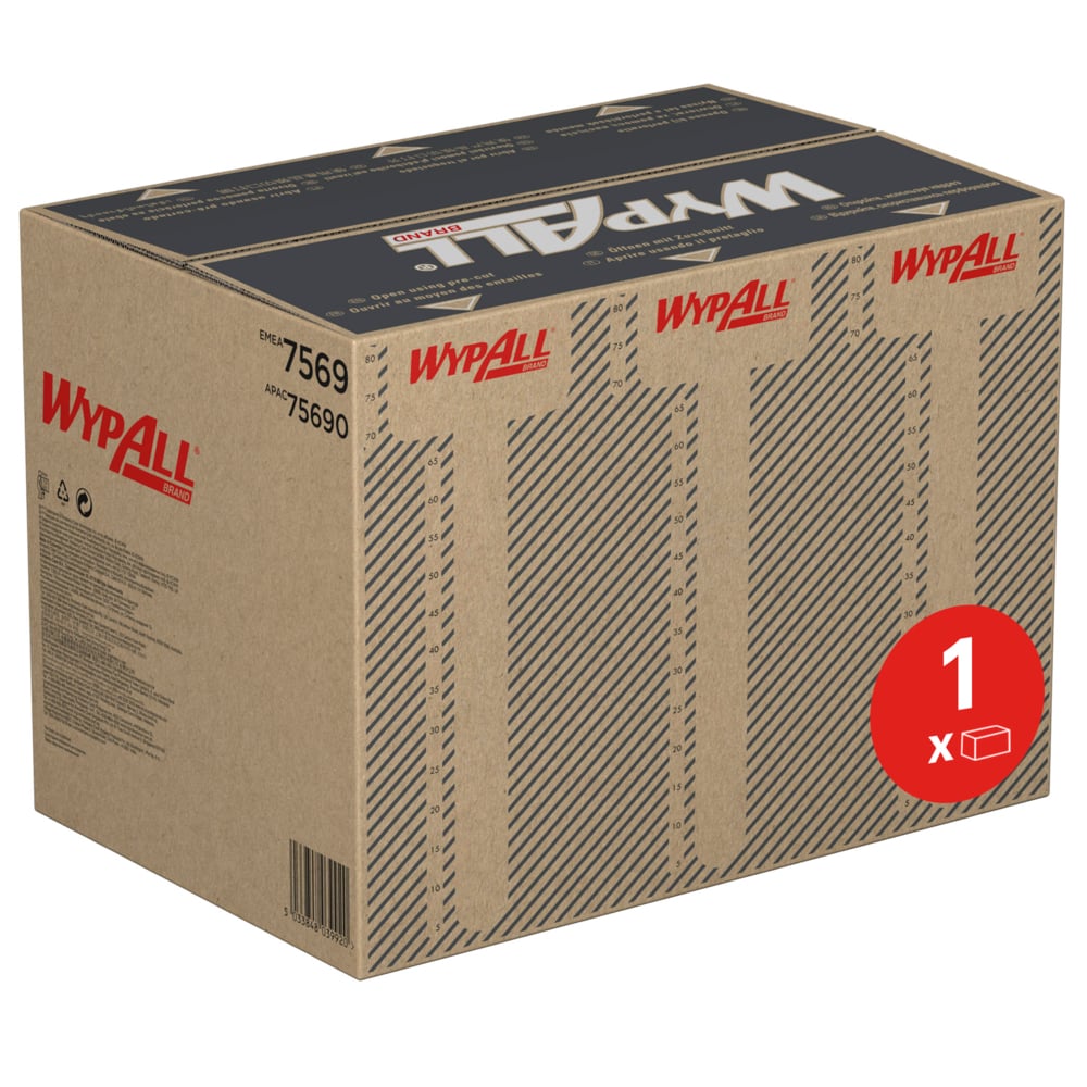 Ένα καφέ κουτί της Kimberly-Clark GmbH με την επιγραφή "WypAll" περιέχει WypAll® ForceMax Wischtücher, μπλε, διπλωμένα σε τέταρτα, 33,50x34,50cm-1 κουτί διανομής (480 φύλλα). Με κόκκινο κύκλο "1 x", αριθμούς προϊόντων και επαναλαμβανόμενα λογότυπα WypAll στην επάνω πλευρά.