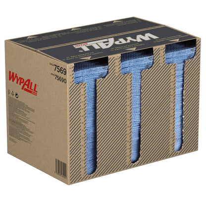 Η Kimberly-Clark GmbH WypAll® ForceMax Wischtücher, μπλε, διπλωμένα σε τέταρτα (33,50 x 34,50 cm), έρχονται σε ένα κουτί διανομής με 480 πανιά και είναι ιδανικά για βιομηχανικό καθαρισμό. Το κουτί δείχνει το όνομα του προϊόντος και τον αριθμό 75690.