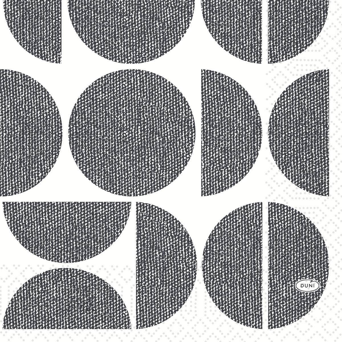 Η Duni GmbH Zellt.Serv.33x33 3lg 1/4 Formen δείχνει μαύρους δομημένους κύκλους, ημικύκλους και τεταρτημόρια σε λευκό, ένα υφασμένο σχέδιο και ένα οβάλ λογότυπο "DUNI", πολυχρηστική χρήση. Μέγεθος: 33x33 εκ. Συσκευασία: 250 πετσέτες.