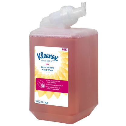 Μια κασέτα 1L Kleenex® Botanics™ Luxury Foam Hand Wash (κόκκινη, δερματολογικά ελεγμένη) της Kimberly-Clark GmbH, κατάλληλη για διανομείς. Η συσκευασία περιέχει 6 κασέτες.