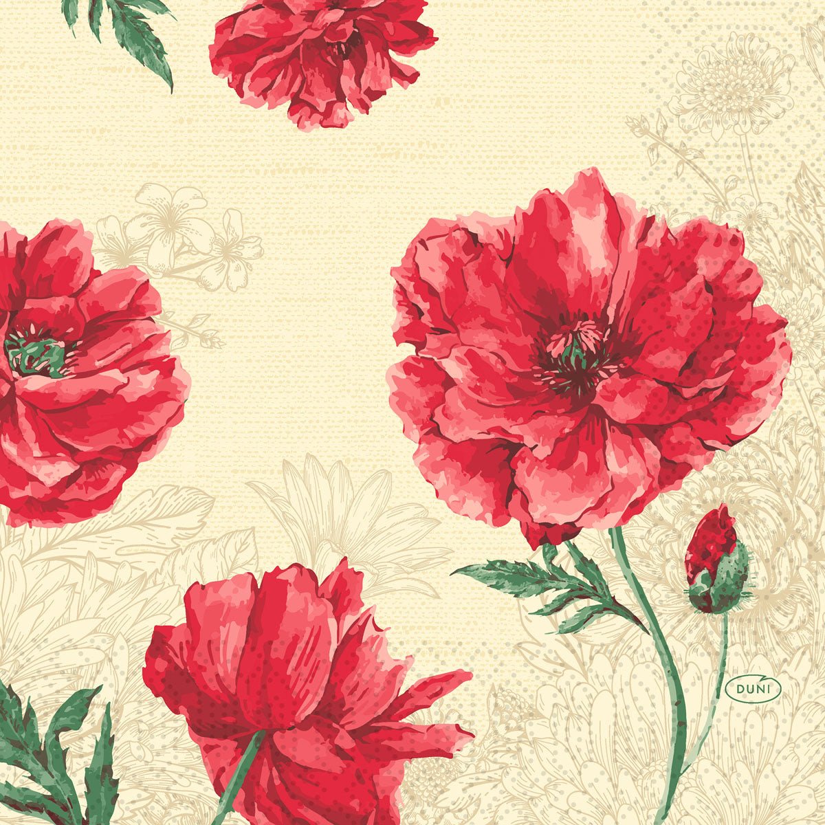 Η Duni GmbH Zellt Servietten 33x33 cm, 3-lagig, Monique Design δείχνουν μεγάλες κόκκινες παιώνιες και πράσινα φύλλα σε μπεζ με ανθικό σχέδιο γραμμών. Ένα πακέτο με 250 χαρτοπετσέτες δείχνει λαμπερά ανθισμένα λουλούδια.