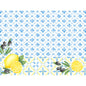 Duni GmbH Papier-Tischsets 30x40 cm: Weißer Hintergrund mit blauem Fliesenmuster, illustrierten schwarzen Oliven, Zweigen und Zitronenscheiben. Mediterranes Design mit gelben Akzenten, ideal für stilvolle Tischdekoration (250 Stück).