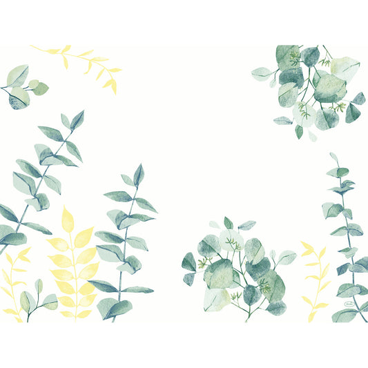 Die Duni GmbH Papier-Tischsets 30x40 cm Spire mit grünen und gelben Blättern im Spire-Muster sind ideal für die Dekoration von Veranstaltungen und Festtafeln; jede Packung enthält 250 Stück.