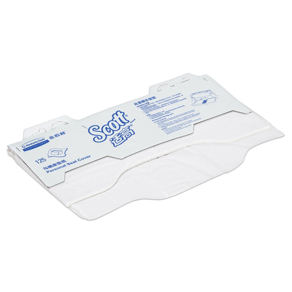 Eine teilweise geöffnete Packung Scott® Toilettensitzauflagen - Weiß (Kimberly-Clark GmbH), 24 Beutel x 125 Packungen/Karton, offenbart weiße Sitzbezüge im Inneren; perfekt für hygienische Toilettennutzung.