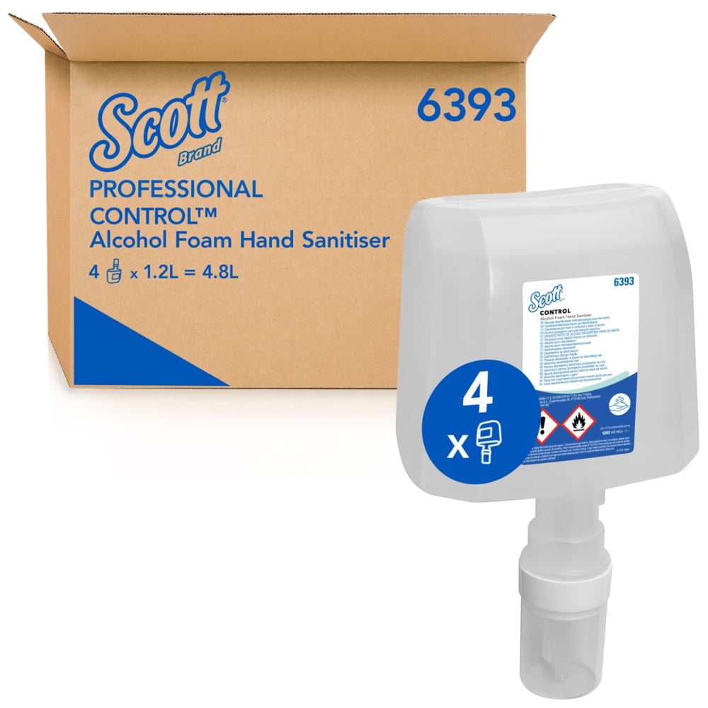 Μια καφέ συσκευασία Kimberly-Clark με την επιγραφή "Scott® CONTROL Αφρός Απολύμανσης Χεριών με βάση το αλκοόλ" και μια διαφανής συσκευασία 1,2 λίτρων στο μπροστινό μέρος, και οι δύο με τον μπλε αριθμό 4 και την ένδειξη για υγιεινή απολύμανση χεριών.