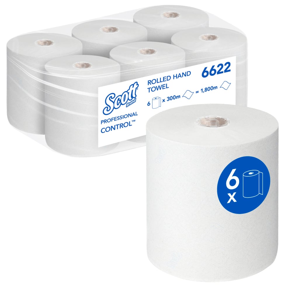 Eine Packung mit sechs Scott® Control™ Handtüchern - Rolle / Weiß von Kimberly-Clark GmbH, mit einer Rolle vorne dran. Jede 300m Rolle (Code: 6622) bietet insgesamt 1.800m für effizientes Händetrocknen.