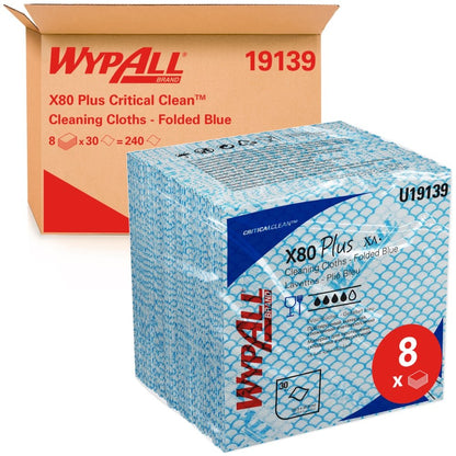 Ένα κουτί Kimberly-Clark GmbH WypAll® X80 Plus Critical Clean, μπλε τετράδιπλα πανιά για κρίσιμα περιβάλλοντα, περιέχει 8 σακούλες με 30 φύλλα το καθένα (συνολικά 240 πανιά καθαρισμού).