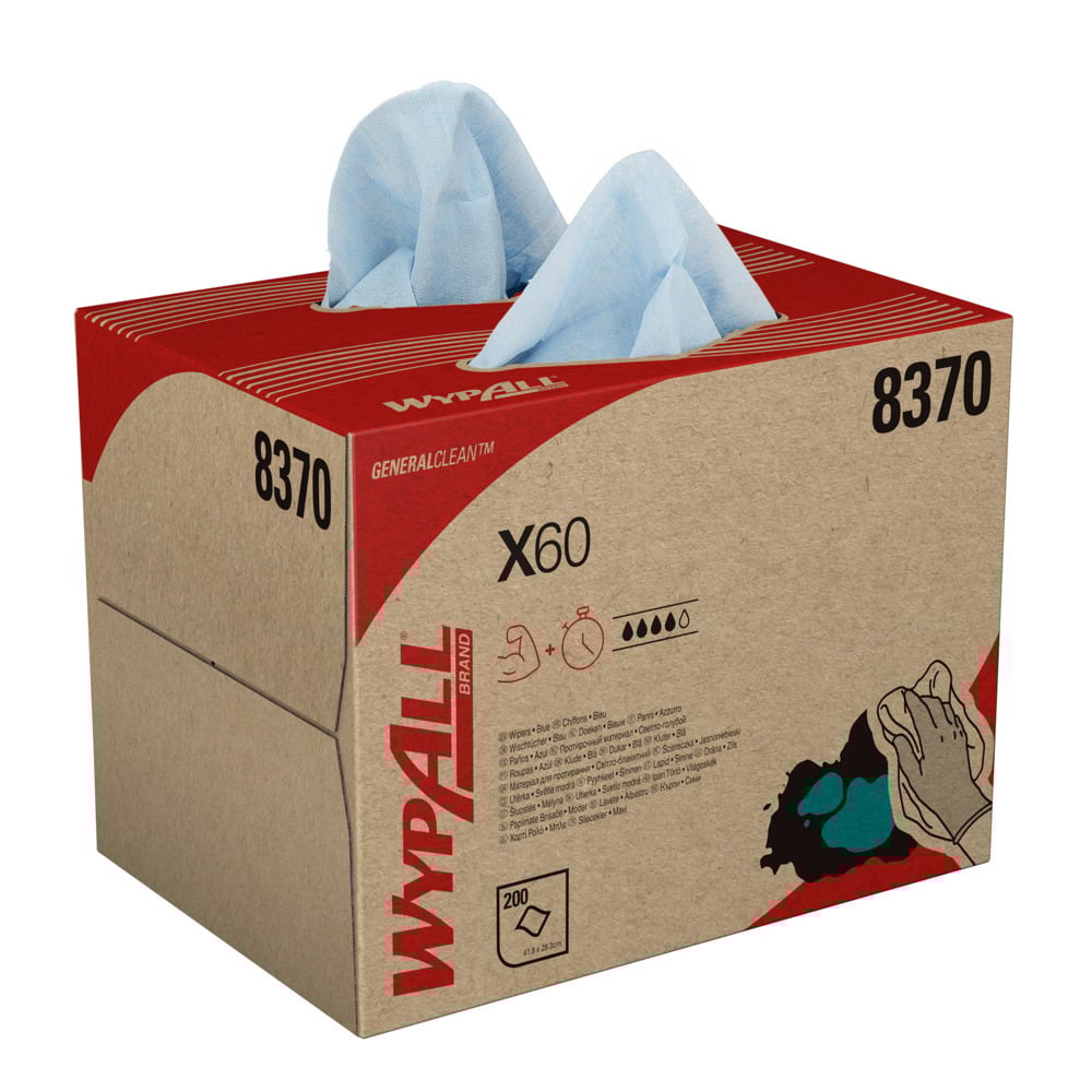 Eine WypAll® X60 General Clean BRAG™ Box der Kimberly-Clark GmbH enthält 200 blaue Einwegtücher (41,80 cm x 28,30 cm) für die allgemeine Reinigung, mit Produktinformationen und Abbildungen auf der Kartonage.