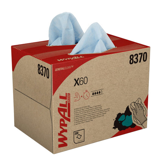 Eine WypAll® X60 General Clean BRAG™ Box der Kimberly-Clark GmbH enthält 200 blaue Einwegtücher (41,80 cm x 28,30 cm) für die allgemeine Reinigung, mit Produktinformationen und Abbildungen auf der Kartonage.