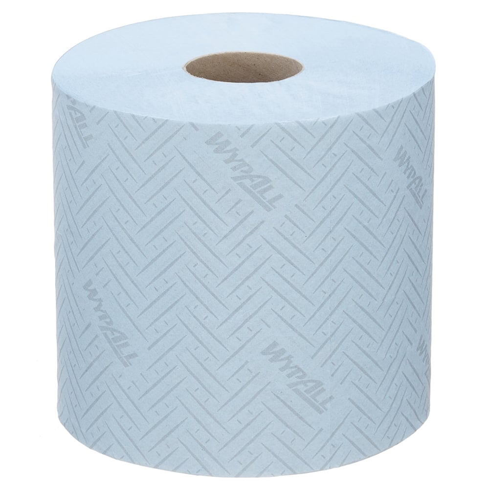 Η WypAll® L20 χαρτοπετσέτα της Kimberly-Clark GmbH είναι μια ανοιχτό μπλε πετσέτα για βιομηχανικές εργασίες καθαρισμού, στο πρακτικό σύστημα κεντρικής αφαίρεσης (38,00 cm x 18,30 cm) με θέα στον καφέ πυρήνα.