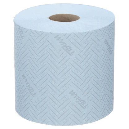 Η WypAll® L20 χαρτοπετσέτα της Kimberly-Clark GmbH είναι μια ανοιχτό μπλε πετσέτα για βιομηχανικές εργασίες καθαρισμού, στο πρακτικό σύστημα κεντρικής αφαίρεσης (38,00 cm x 18,30 cm) με θέα στον καφέ πυρήνα.