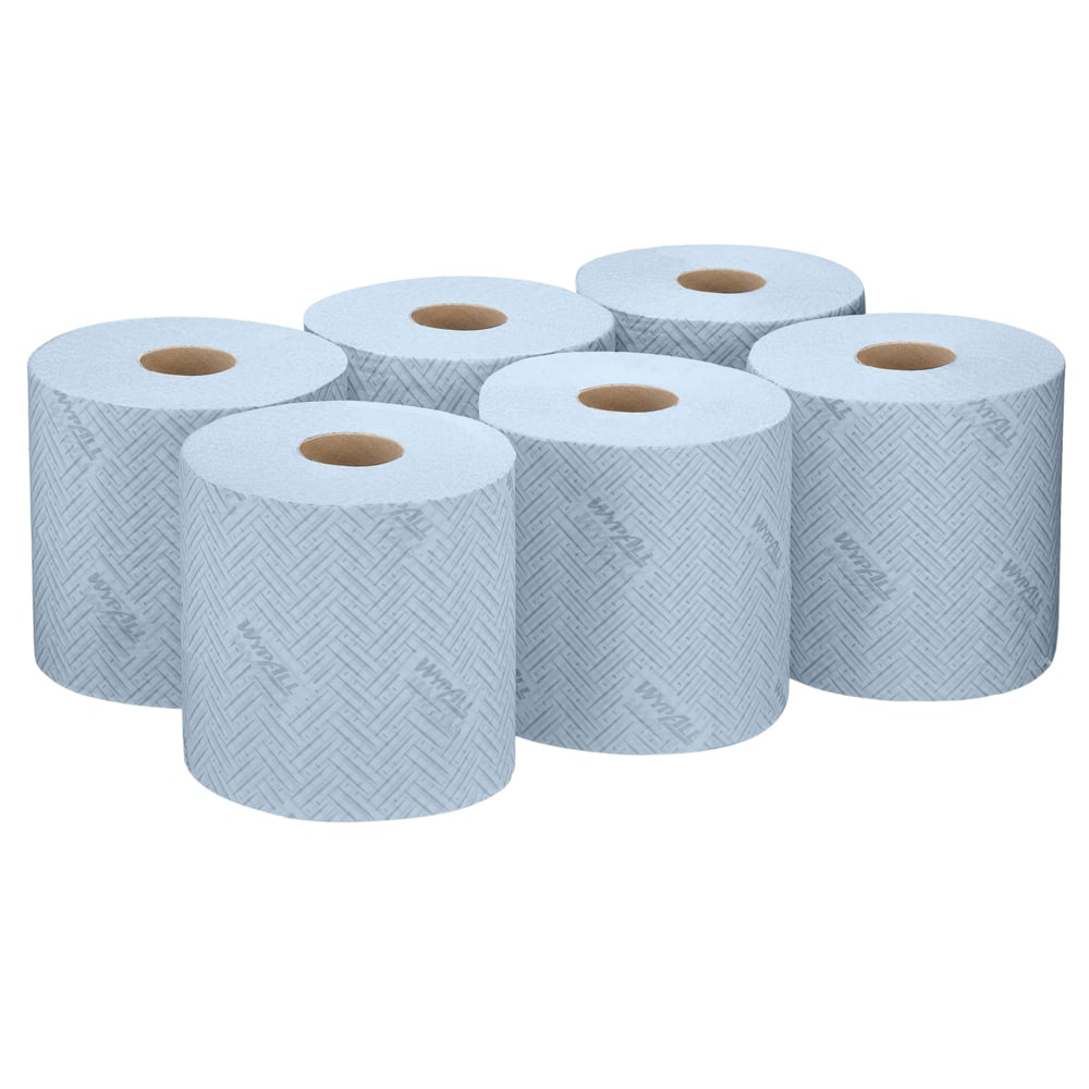 Έξι WypAll® L20 χαρτοπετσέτες για βιομηχανικές εργασίες καθαρισμού - κεντρική αφαίρεση (38,00 cm x 18,30 cm) της Kimberly-Clark GmbH είναι τοποθετημένα σε δύο σειρές των τριών με ορατό καφέ πυρήνα σε λευκό φόντο.
