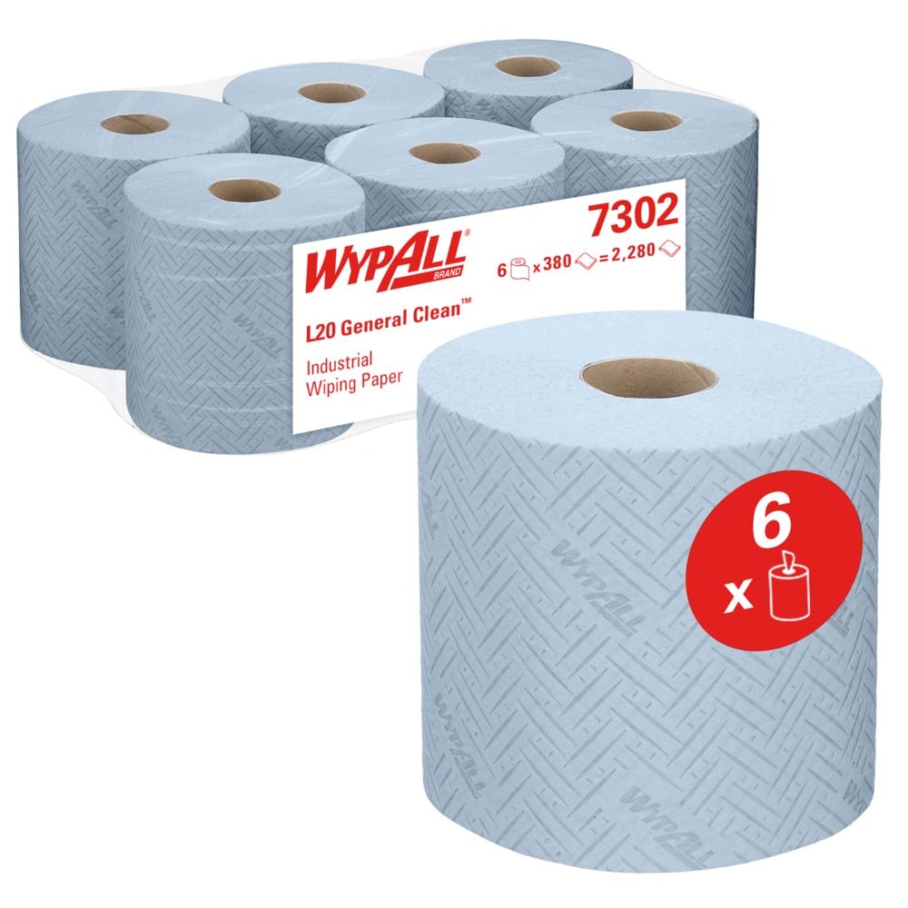 Απεικονίζονται έξι μπλε ρολά WypAll® L20 χαρτοπετσέτας για βιομηχανικές εργασίες καθαρισμού από την Kimberly-Clark GmbH, μπροστά ένα και πίσω πέντε συσκευασμένα για κεντρική αφαίρεση. Μια κόκκινη ετικέτα δείχνει ότι η συσκευασία περιέχει 6 ρολά (38,00 x 18,30 cm).