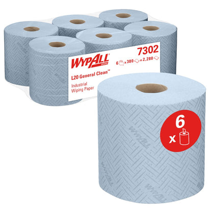 Απεικονίζονται έξι μπλε ρολά WypAll® L20 χαρτοπετσέτας για βιομηχανικές εργασίες καθαρισμού από την Kimberly-Clark GmbH, μπροστά ένα και πίσω πέντε συσκευασμένα για κεντρική αφαίρεση. Μια κόκκινη ετικέτα δείχνει ότι η συσκευασία περιέχει 6 ρολά (38,00 x 18,30 cm).
