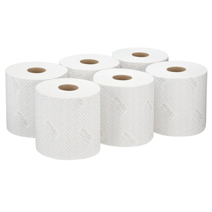 Έξι λευκές ρολά WypAll® L20 χαρτοπετσέτας από την Kimberly-Clark GmbH (38×18,3 cm) είναι τοποθετημένα σε δύο σειρές - ιδανικά για κεντρική αφαίρεση και κατάλληλα για βιομηχανικές εργασίες καθαρισμού.