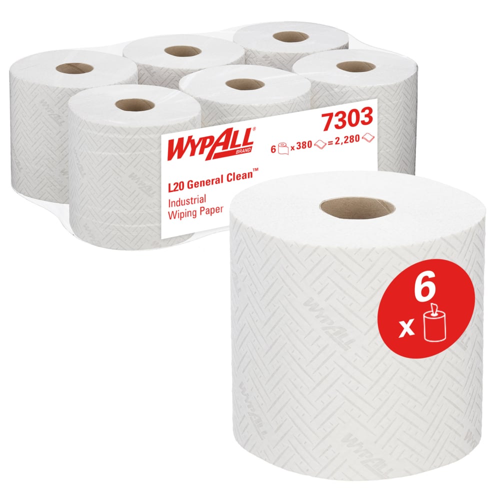 Απεικονίζονται έξι λευκά ρολά WypAll® L20 χαρτοπετσέτας για βιομηχανικές εργασίες καθαρισμού (38 x 18,3 cm, κεντρική αφαίρεση) της Kimberly-Clark GmbH με κόκκινη ετικέτα με την ένδειξη "6 x" και τον αριθμό προϊόντος 7303 για εύκολη αναγνώριση.