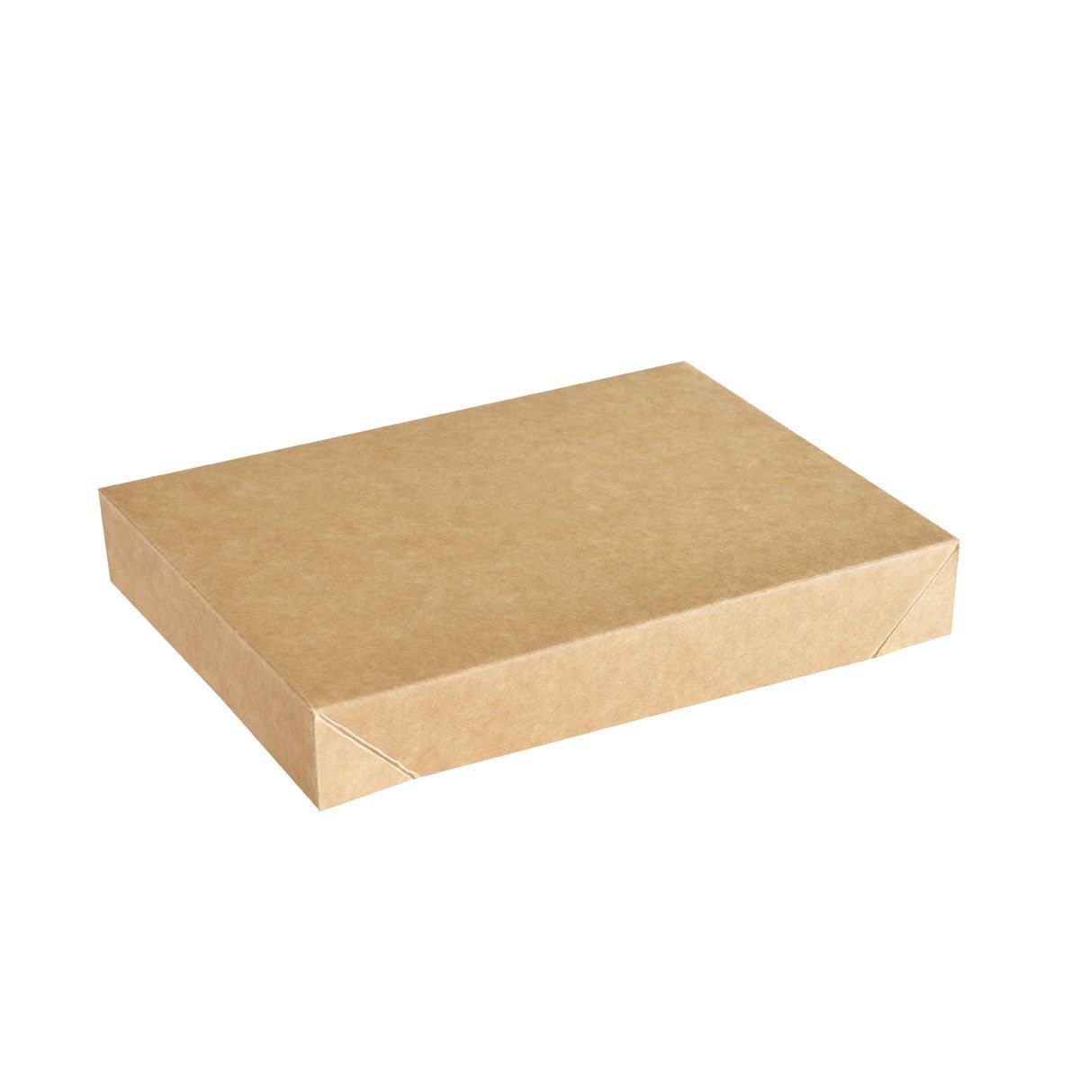 Ένα καπάκι Viking Brick Deckel Braun Karton/PE 200x140x30 από την Duni GmbH, εδώ κλειστό και ορθογώνιο σε λευκό φόντο, χρησιμεύει ως πρακτικό κάλυμμα συσκευασίας. Συσκευασία: 300 τεμάχια.