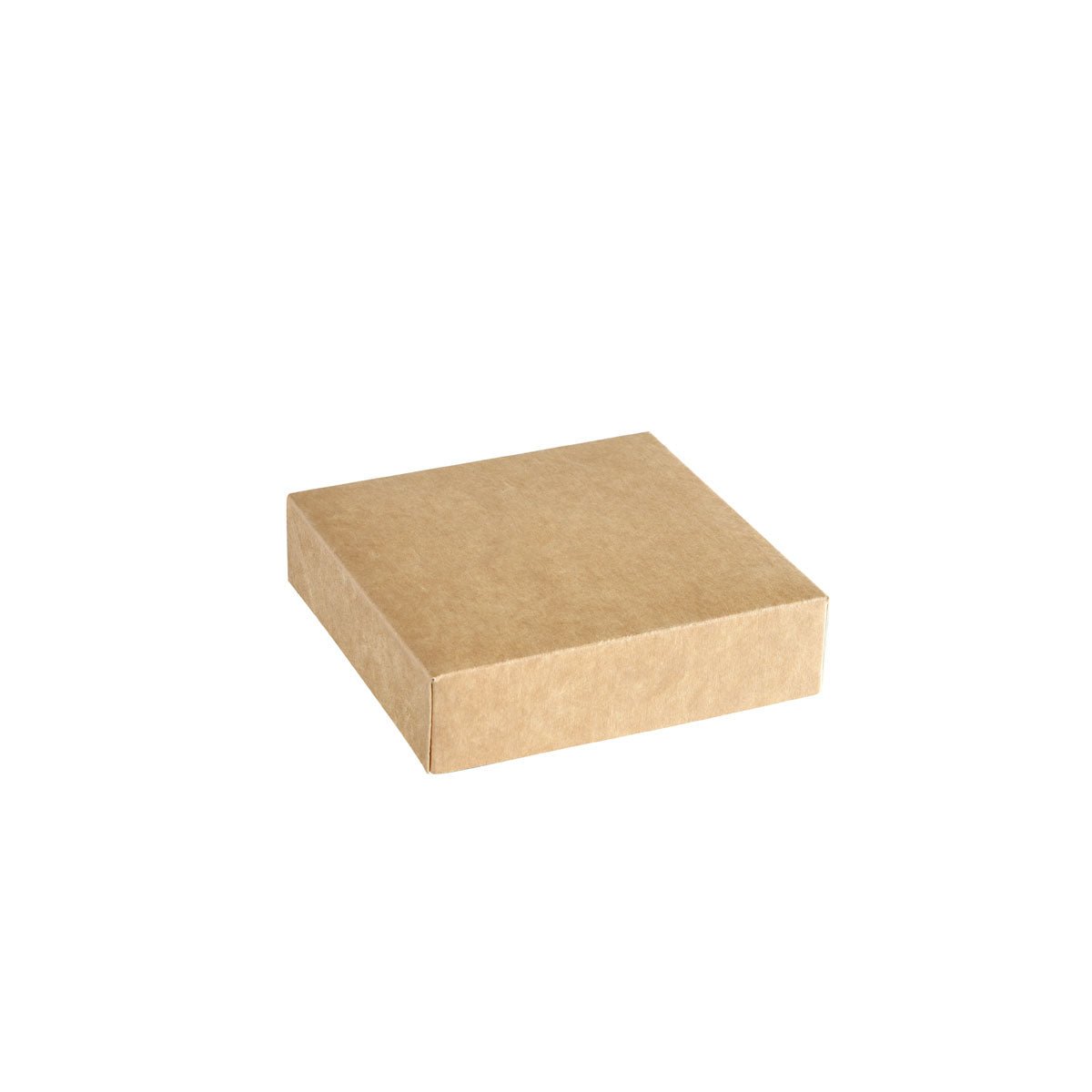 Ένα καπάκι Viking Cube από καφέ χαρτόνι/PE 113x113x29 της Duni GmbH (συσκευασία: 300 τεμάχια) απεικονίζεται κλειστό και ορθογώνιο σε λευκό φόντο.