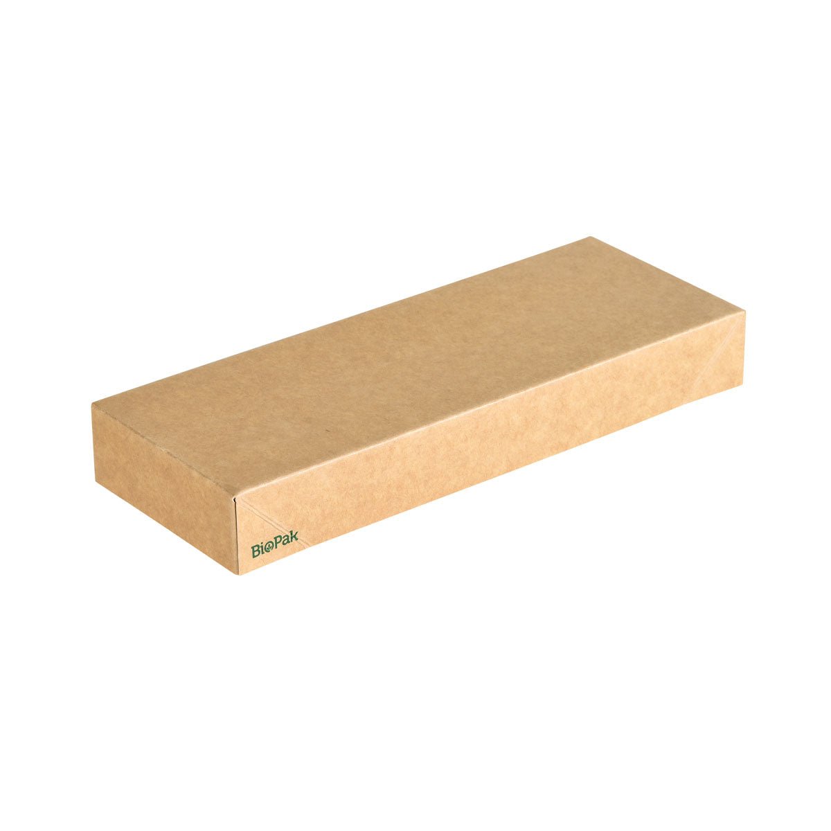 Ένα ορθογώνιο, κλειστό κουτί καπακιού Viking Slim Brick σε καφέ χρώμα (225x85x30mm) από χαρτόνι/PLA της Duni GmbH, με ένα μικρό πράσινο λογότυπο "BioPak" και ένα φιλικό προς το περιβάλλον καπάκι, απεικονισμένο σε λευκό φόντο. Συσκευασία: 300 τεμάχια.