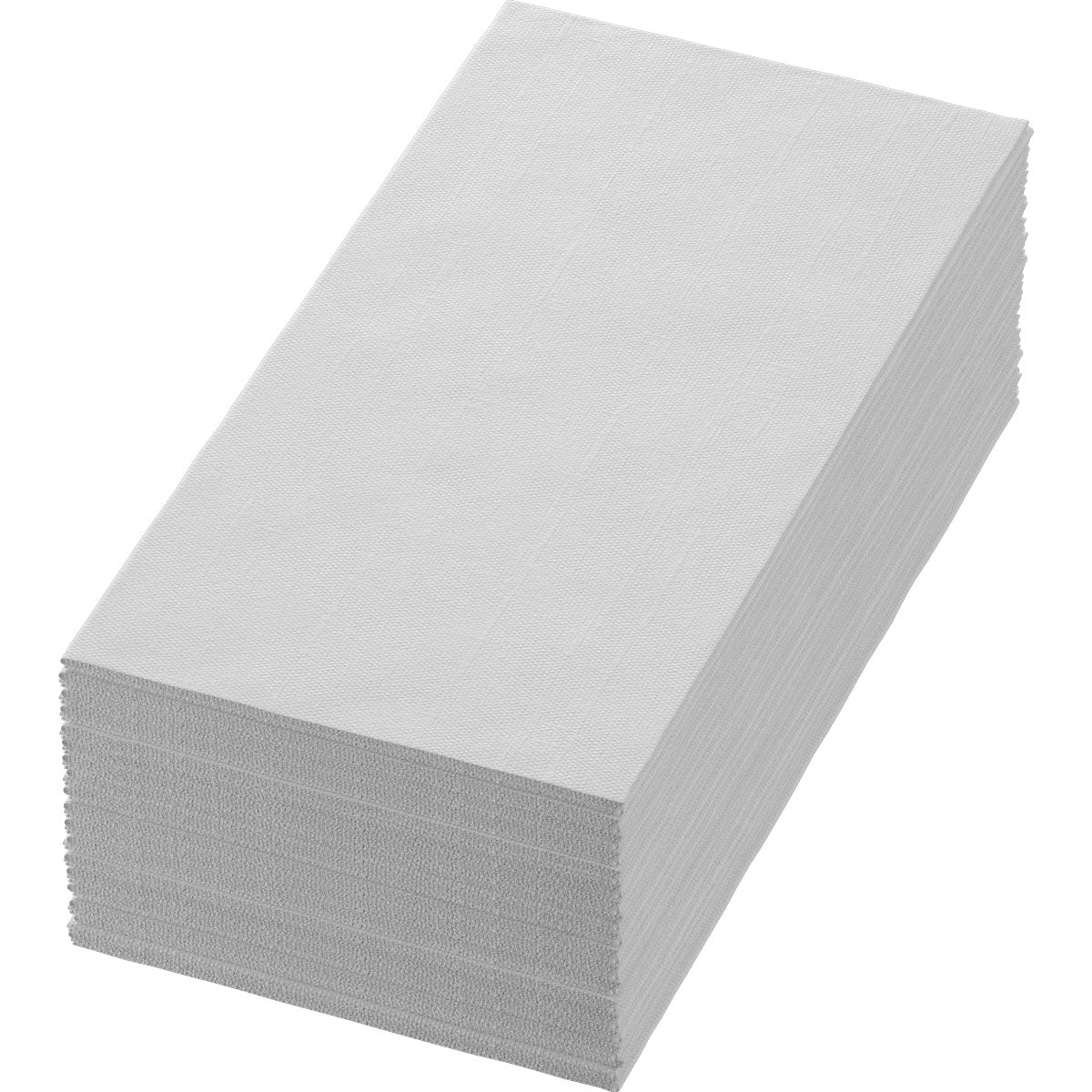 Μια στοίβα λευκών χαρτοπετσετών 40x40 cm, 2-στρώσεων από την Duni GmbH (πακέτο με 300 τεμάχια) βρίσκεται μπροστά από απλό λευκό φόντο.