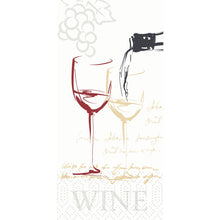 Ένα σκίτσο από δύο ποτήρια κρασιού, το ένα γεμάτο, σταφύλια και γραφικά μοτίβα, καθώς και η λέξη "WINE" στο κάτω μέρος, κοσμεί το προϊόν Duni GmbH Auslaufartikel Zellt.Serv. 33x33cm 2-στρώσεων (300 χαρτοπετσέτες/συσκευασία).