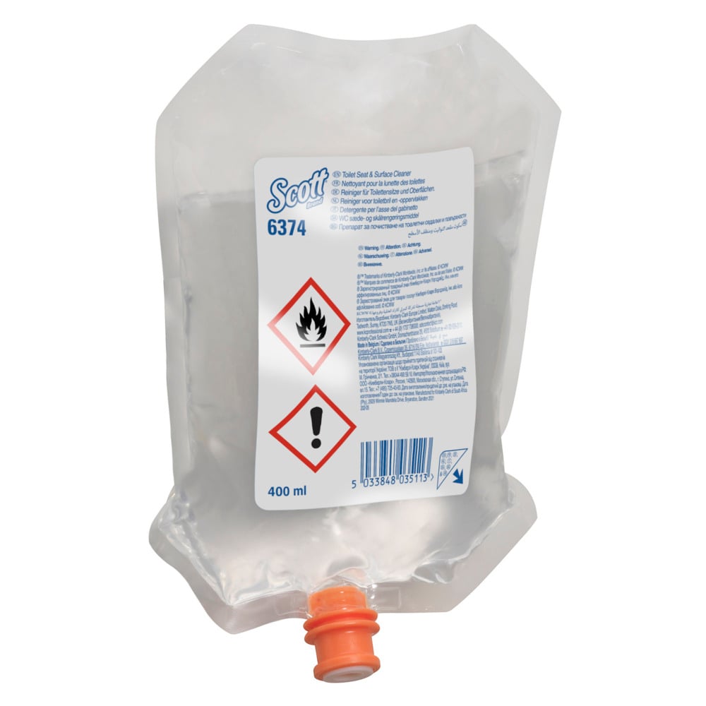 Μια διαφανής σακούλα διανομής 400 ml με την επιγραφή "Scott® Καθαριστικό για καθίσματα τουαλέτας και άλλες επιφάνειες" από την Kimberly-Clark GmbH, με σύμβολα κινδύνου, γραμμωτό κώδικα, πορτοκαλί καπάκι και οδηγίες χρήσης. Κουτί με 6 σακούλες.