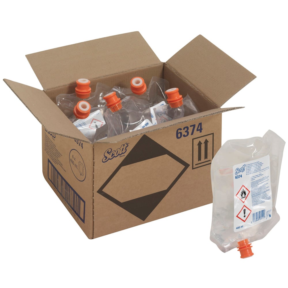 Ένα ανοιχτό κουτί με την επιγραφή "Scott® Καθαριστικό για καθίσματα τουαλέτας και άλλες επιφάνειες" της Kimberly-Clark GmbH περιέχει έξι διαφανείς σακούλες διανομής 400 ml, εκ των οποίων η μία είναι εξωτερικά εφοδιασμένη με πορτοκαλί καπάκι, προειδοποιητική ένδειξη και σύμβολα κινδύνου.
