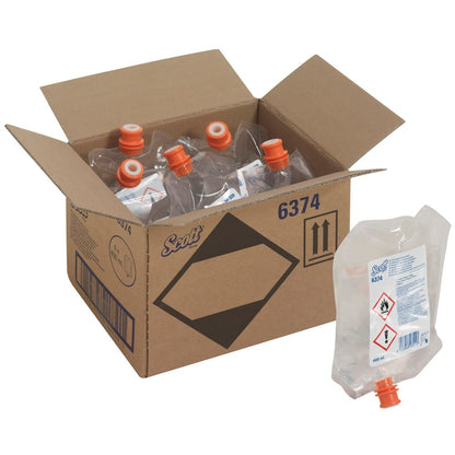 Ένα ανοιχτό κουτί με την επιγραφή "Scott® Καθαριστικό για καθίσματα τουαλέτας και άλλες επιφάνειες" της Kimberly-Clark GmbH περιέχει έξι διαφανείς σακούλες διανομής 400 ml, εκ των οποίων η μία είναι εξωτερικά εφοδιασμένη με πορτοκαλί καπάκι, προειδοποιητική ένδειξη και σύμβολα κινδύνου.