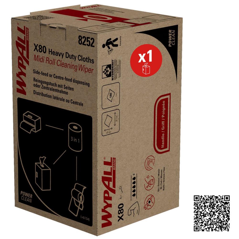 Η WypAll® X80 PowerClean Midi Roll, Λευκή (1 Κουτί x 180 Φύλλα) από την Kimberly-Clark GmbH παραδίδεται σε κουτί με εικόνες προϊόντων, οδηγίες δοσολογίας, ένα σύμβολο μονάδας "x1" και έναν κωδικό QR - ιδανική για τις βιομηχανικές ανάγκες καθαρισμού.