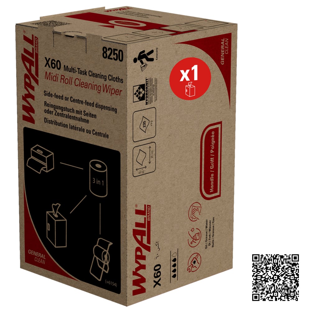 Ένα μπλε κουτί με την επιγραφή "WypAll® X60 Γενικά Καθαριστικά Μαντηλάκια - Midi Roll/Μπλε (235 Μαντηλάκια)" της Kimberly-Clark GmbH, με εικόνες προϊόντων, ένα κόκκινο σύμβολο "x1" και έναν κωδικό QR κάτω δεξιά, ιδανικό ως γενικό καθαριστικό.