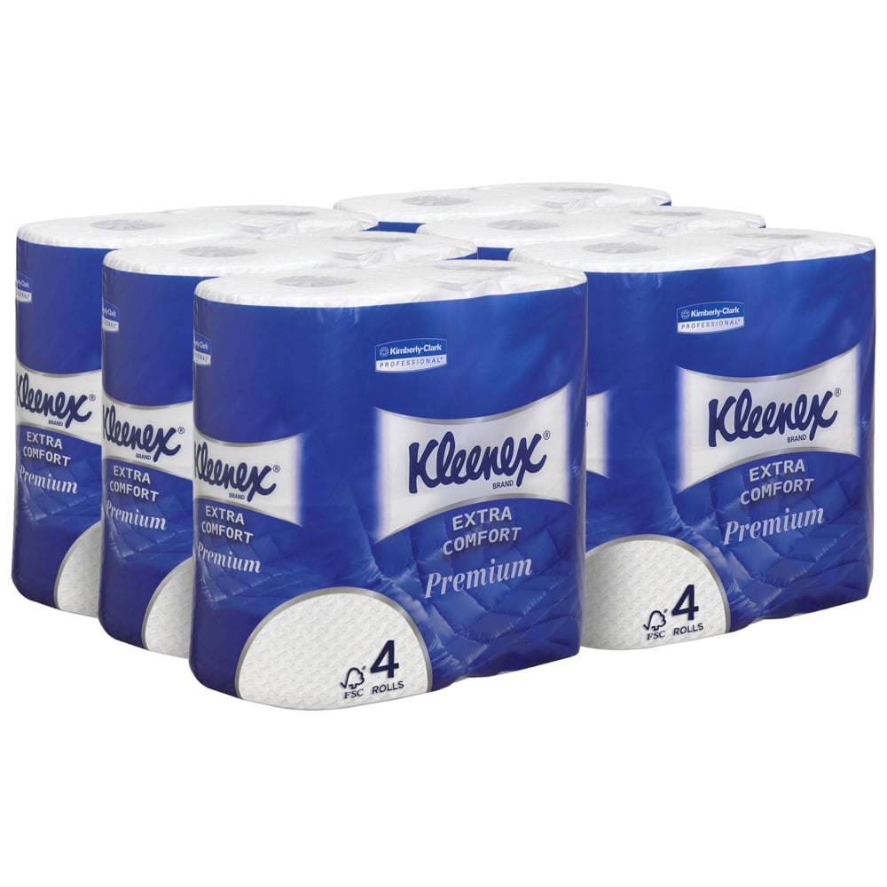 Έξι συσκευασίες ρολών χαρτιού τουαλέτας Kleenex® από την Kimberly-Clark GmbH με 4 μικρά λευκά ρολά το καθένα και 160 φύλλα ανά ρολό είναι διατεταγμένα σε δύο σειρές. Το μπλε-λευκό κουτί εμφανίζει στην μπροστινή πλευρά σαφή επωνυμία προϊόντος.