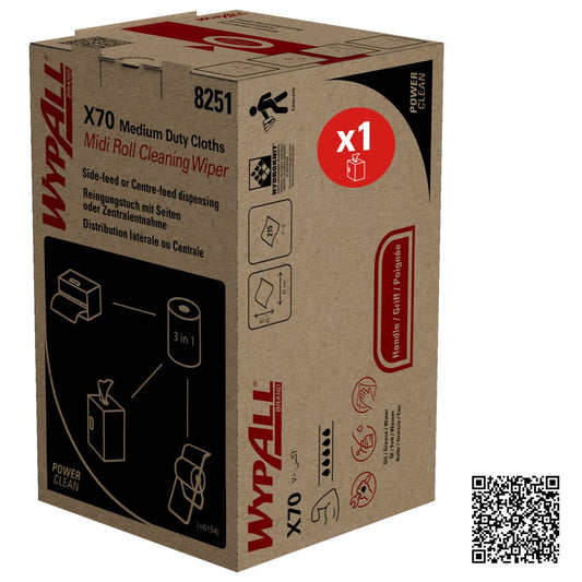 Abgebildet ist eine braune Schachtel der Kimberly-Clark GmbH mit WypAll® X70 PowerClean Midi Roll/Blau (1 Schachtel x 207 Blatt) mit Produktdetails, Abbildungen, einem roten "x1"-Kreis und einem QR-Code in der unteren rechten Ecke.