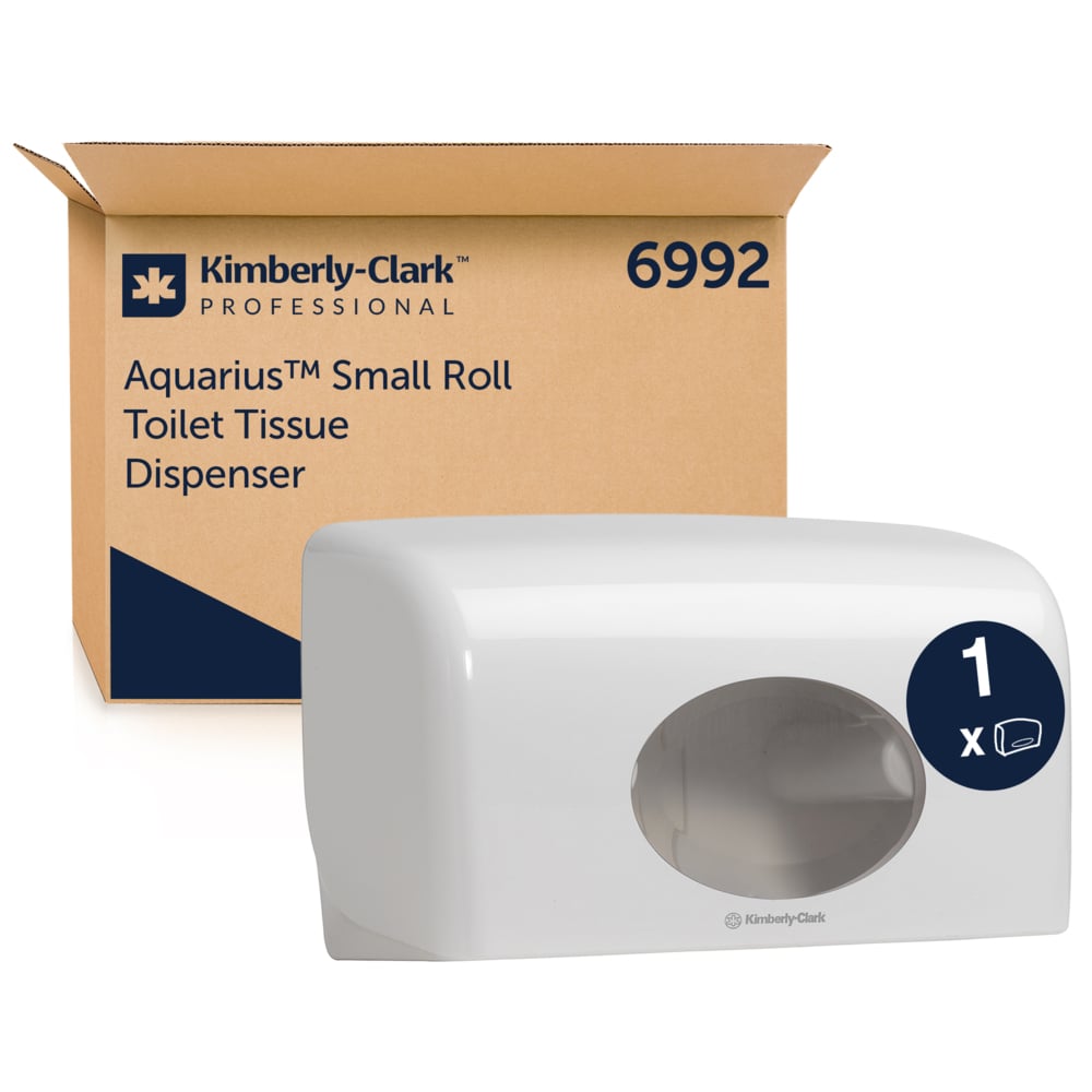 Ein weißer Aquarius™ Toilettenpapierspender - Kleinrollen (18,00 cm x 29,80 cm x 12,80 cm) der Kimberly-Clark GmbH ist vor einer braunen Schachtel mit Marken- und Produktangaben abgebildet.