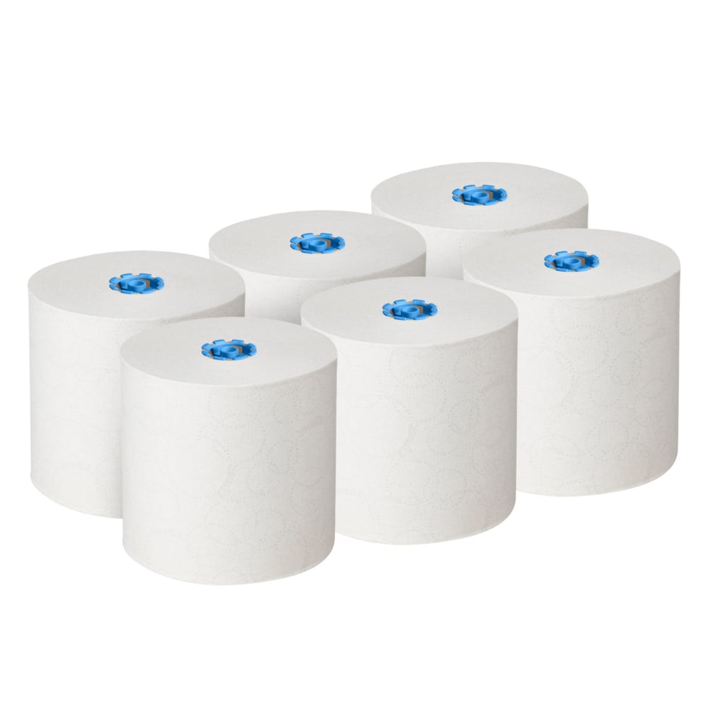 Έξι λευκά ρολά χαρτοπετσέτες Kleenex® E-roll Large (μονής στρώσης, 6x250μ) της Kimberly-Clark GmbH είναι διατεταγμένα σε δύο σειρές και έχουν έναν ορατό μπλε πυρήνα - ιδανικό για υγειονομικό στέγνωμα χεριών και κατασκευασμένα από ανακυκλωμένο χαρτί.