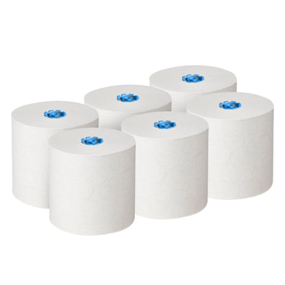 Έξι λευκά ρολά χαρτοπετσέτες Kleenex® E-roll Large (μονής στρώσης, 6x250μ) της Kimberly-Clark GmbH είναι διατεταγμένα σε δύο σειρές και έχουν έναν ορατό μπλε πυρήνα - ιδανικό για υγειονομικό στέγνωμα χεριών και κατασκευασμένα από ανακυκλωμένο χαρτί.