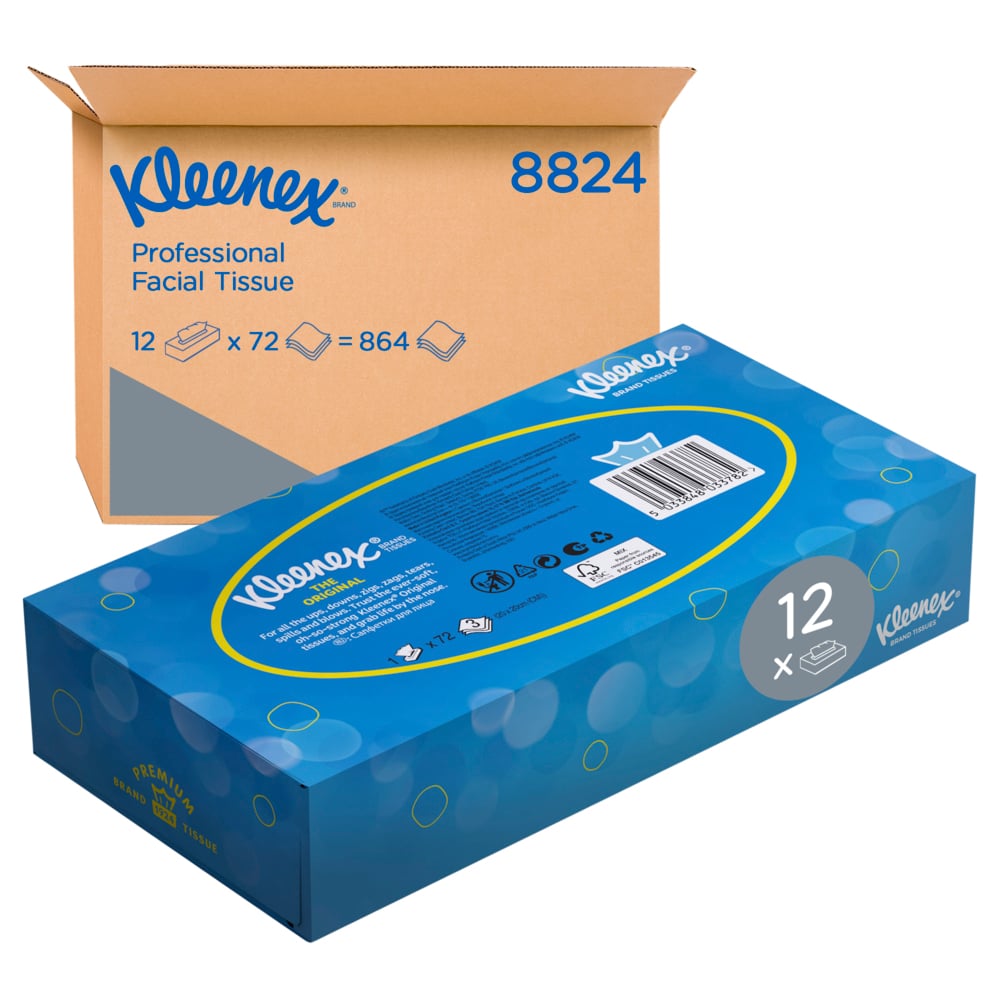 Eine weiße Schachtel Kleenex® Kosmetiktücher - Standard von Kimberly-Clark GmbH ist mit einem "12 x"-Etikett vor einer braunen Schachtel mit der Aufschrift "Kleenex Professional Facial Tissue 8824, 12 x 72 = 864" abgebildet.