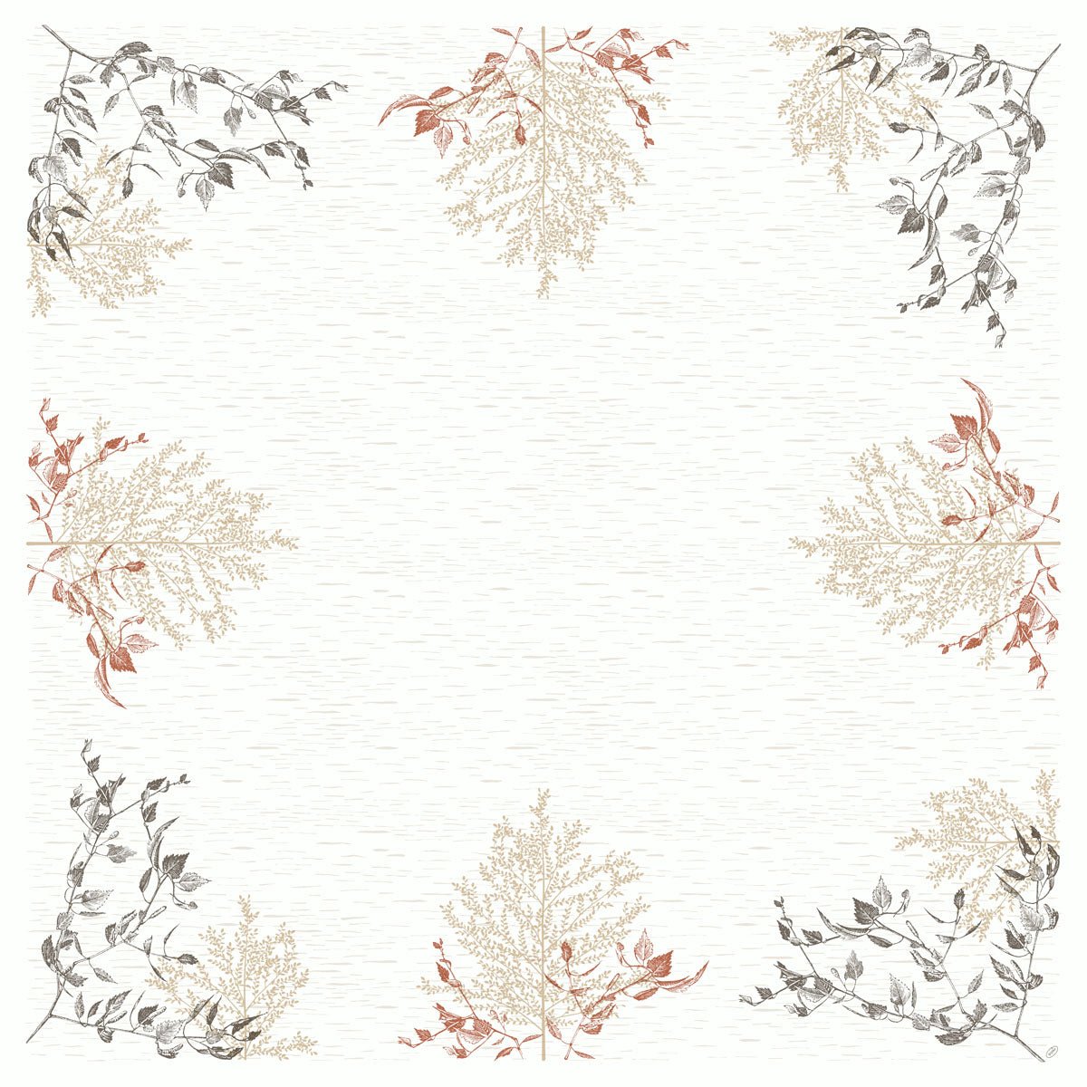 Μια τετράγωνη μπορντούρα με βοτανικά μοτίβα σε μπεζ, κόκκινο και γκρι σε ένα φωτεινό, δομημένο φόντο, εμπνευσμένο από το τραπεζομάντηλο Bio-Dunicel 84x84 cm - Ξύλο & Φύση της Duni GmbH. Η μεσαία περιοχή είναι κενή - ιδανική για φιλικά προς το περιβάλλον ξύλινα προϊόντα.