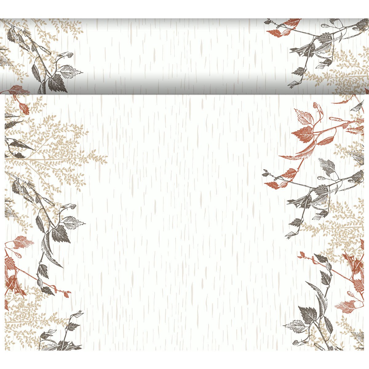 Το Bio-DC Tete a Tete (0.4x24m) της Duni GmbH έχει ένα μπεζ φόντο, λεπτές κάθετες γραμμές και καφέ, μπεζ και μαύρη βοτανική τέχνη στην κορυφή και στις πλευρές - ιδανικό για διακόσμηση με φυσικό ξύλο. Περιλαμβάνει αντίστοιχο οριζόντιο περίγραμμα στην άνω άκρη.