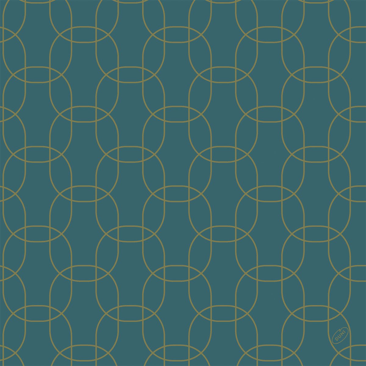 Ένα γεωμετρικό μοτίβο από διαπλεκόμενους χρυσούς κύκλους σε σκούρο τιρκουάζ είναι τυπωμένο στις χαρτοπετσέτες Dunisoft-Serv. 40x40cm της Duni GmbH. Δημιουργεί ένα συμμετρικό πλέγμα με τη διακριτική επιγραφή "MIRO" στην κάτω δεξιά γωνία.