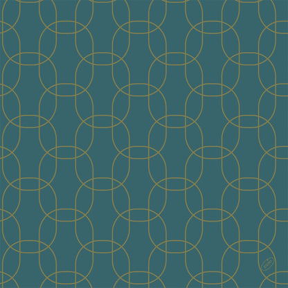 Ένα γεωμετρικό μοτίβο από διαπλεκόμενους χρυσούς κύκλους σε σκούρο τιρκουάζ είναι τυπωμένο στις χαρτοπετσέτες Dunisoft-Serv. 40x40cm της Duni GmbH. Δημιουργεί ένα συμμετρικό πλέγμα με τη διακριτική επιγραφή "MIRO" στην κάτω δεξιά γωνία.