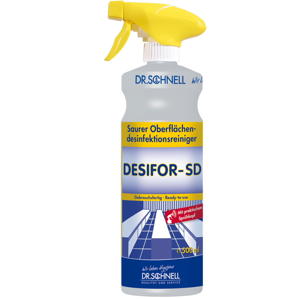 Η φιάλη ψεκασμού 500 ml της Dr. Schnell DESIFOR-SD απολύμανσης επιφανειών της DR.SCHNELL GmbH & Co. KGaA με κίτρινη σκανδάλη και μπλε-κίτρινη συσκευασία είναι έτοιμη προς χρήση για απολύμανση επιφανειών.