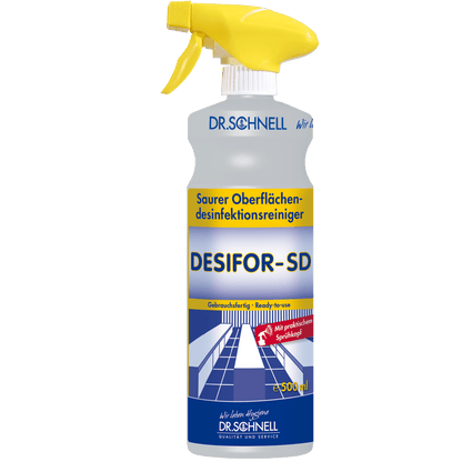 Η φιάλη ψεκασμού 500 ml της Dr. Schnell DESIFOR-SD απολύμανσης επιφανειών της DR.SCHNELL GmbH & Co. KGaA με κίτρινη σκανδάλη και μπλε-κίτρινη συσκευασία είναι έτοιμη προς χρήση για απολύμανση επιφανειών.