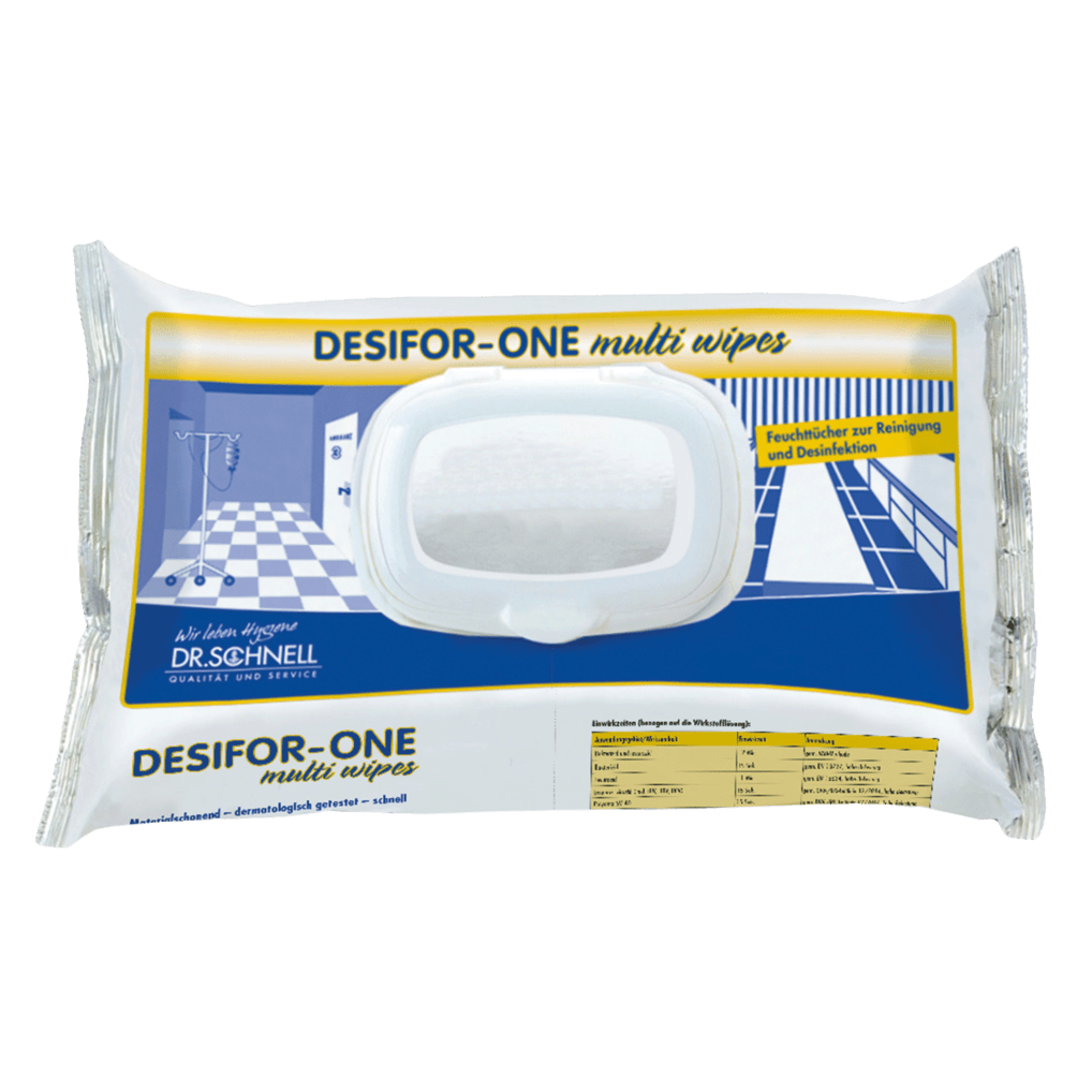 Μια συσκευασία Dr. Schnell DESIFOR-ONE MULTI WIPES μαντηλάκια απολύμανσης επιφανειών (100 μαντηλάκια) της DR.SCHNELL GmbH & Co. KGaA απεικονίζεται σε λευκή συσκευασία με μπλε και κίτρινες πινελιές και φέρει την επιγραφή "περιορισμένη ιοκτόνος PLUS" για καθαρισμό και απολύμανση.