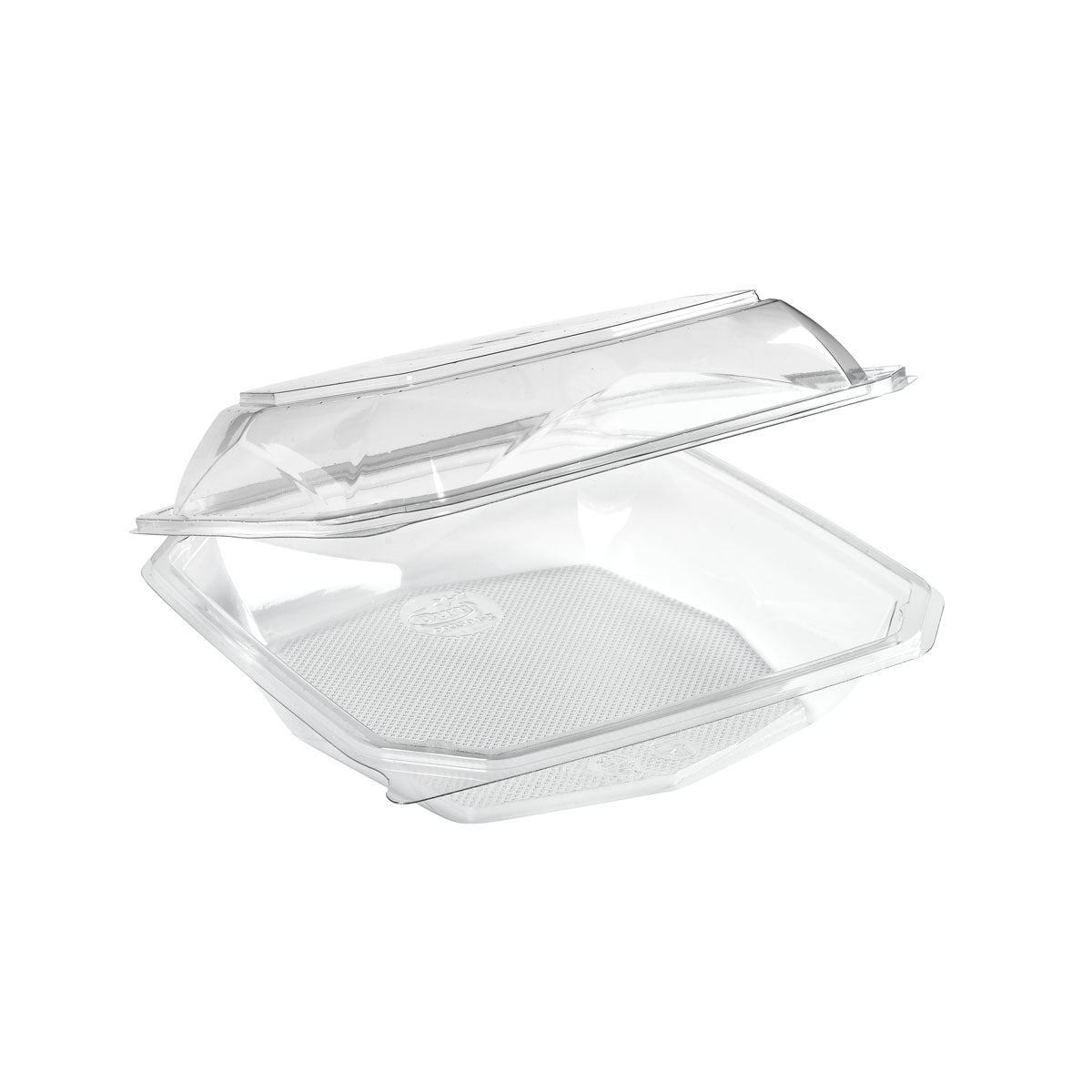 Ο διαφανής περιέκτης τροφίμων Duni GmbH rPET Octaview® 400 ml (125x125x80 mm), απεικονίζεται ανοιχτός και άδειος σε λευκό φόντο, είναι μια βιώσιμη επιλογή συσκευασίας. Η συσκευασία περιέχει 400 τεμάχια.
