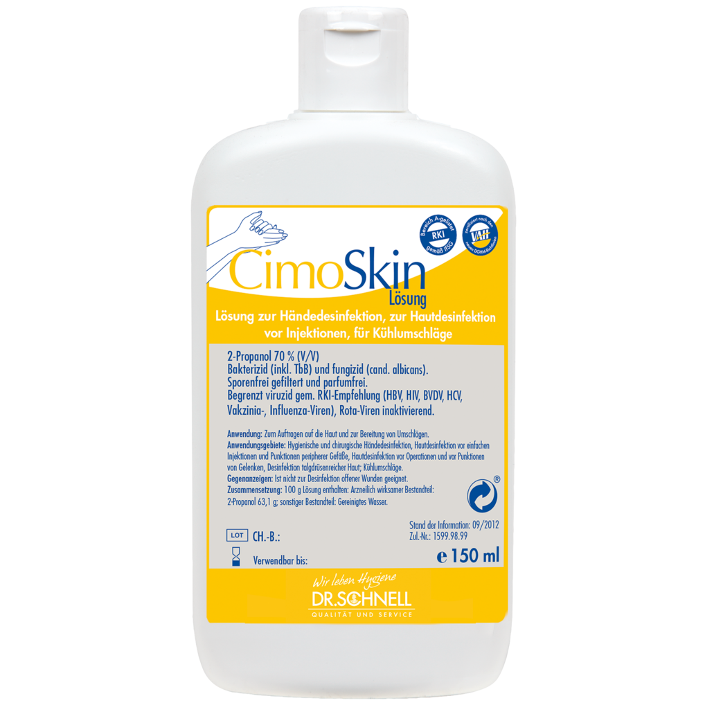 Eine 150 ml Flasche Dr. Schnell CIMOSKIN Händedesinfektion der DR.SCHNELL GmbH & Co. KGaA, mit gelb-weißem Etikett mit Anweisungen zur hygienischen Desinfektion und blau-weißem Flip-Top-Verschluss.