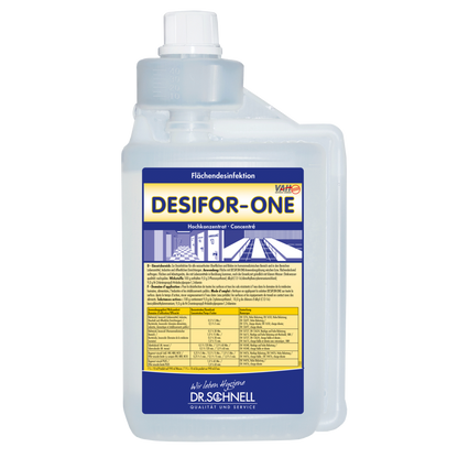 Transparente 5L-Flasche mit der Aufschrift "Dr. Schnell Desifor-One Flächendesinfektion, begrenzt viruzid PLUS" der DR.SCHNELL GmbH & Co. KGaA, mit blau/gelben Akzenten, deutscher Gebrauchsanweisung, eingebauter Messkammer und weißem Verschluss.